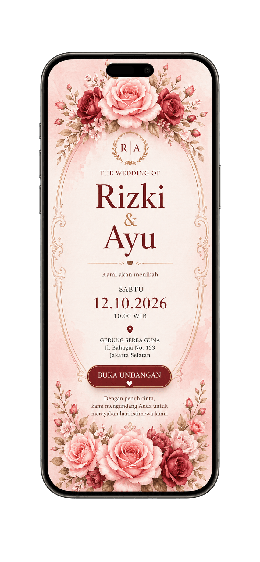 Template undangan digital Classic Rose dalam mockup handphone