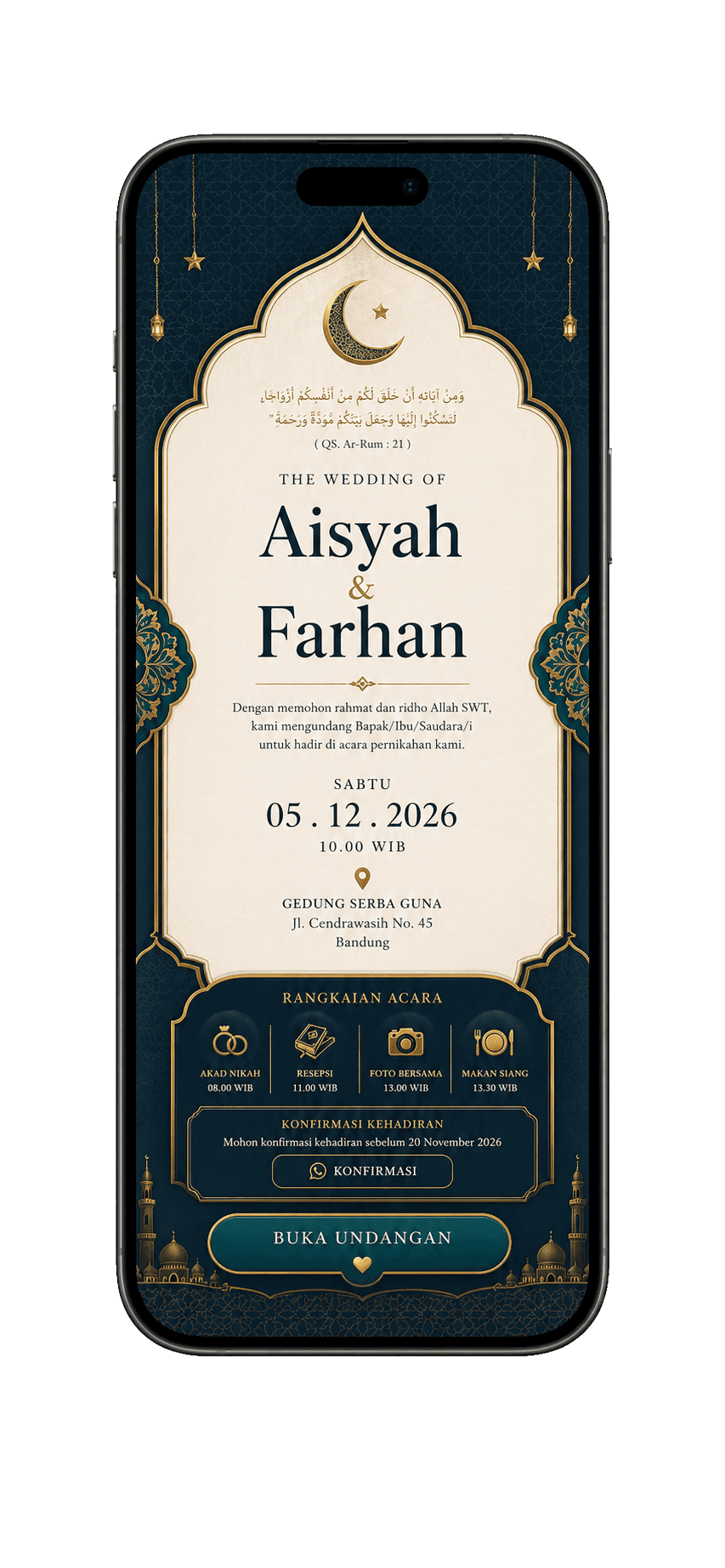 Template undangan digital Islamic Elegant dalam mockup handphone