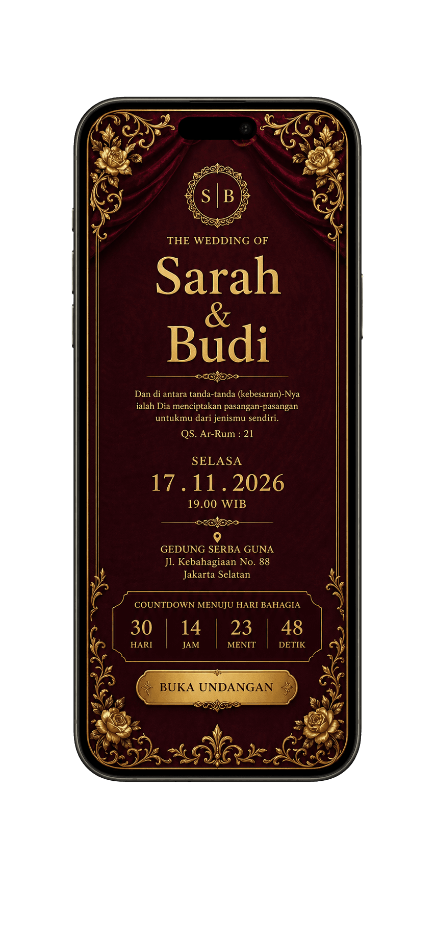 Template undangan digital Luxury Maroon dalam mockup handphone