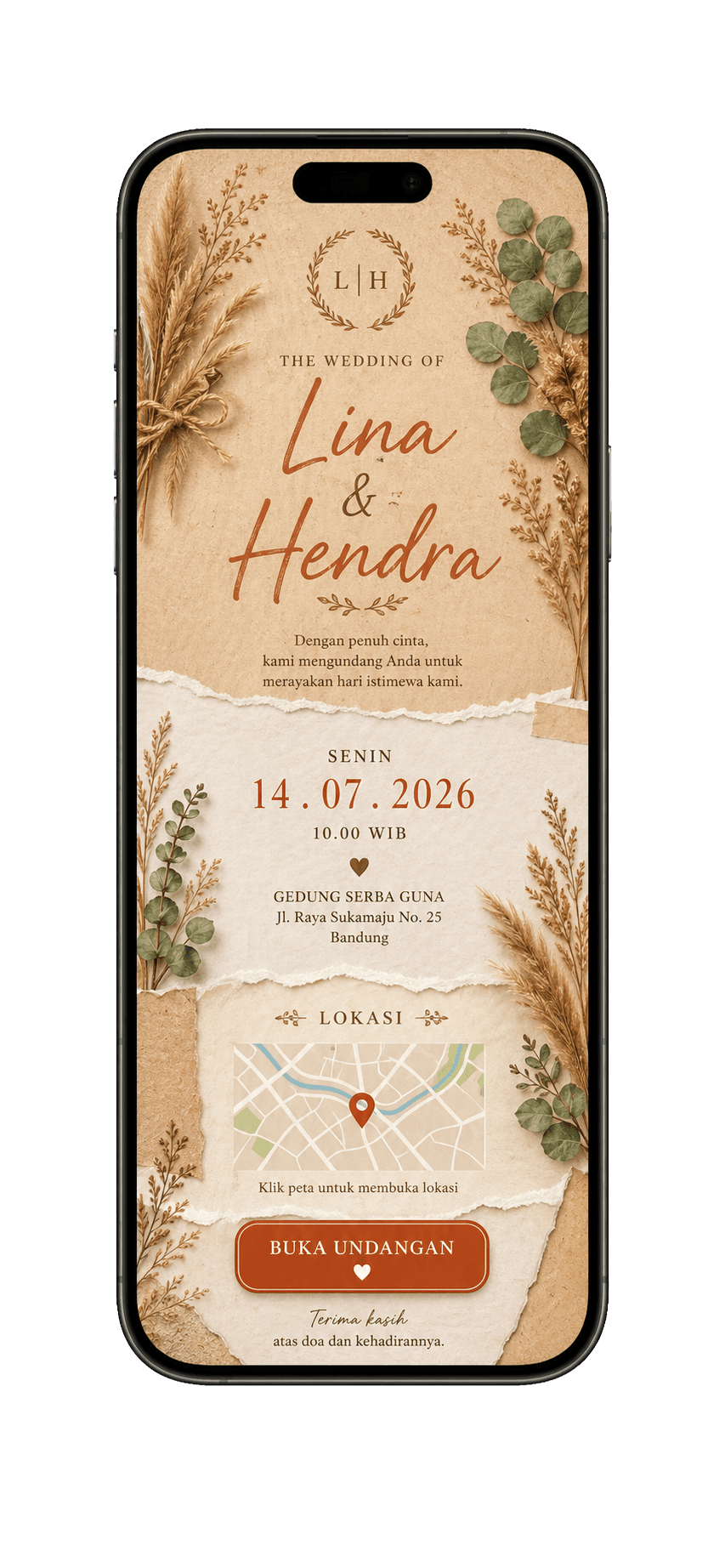 Template undangan digital Rustic Cream dalam mockup handphone